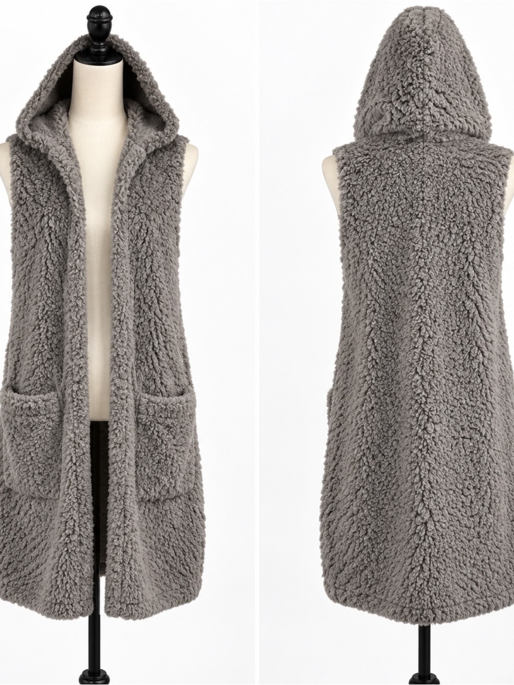 Ashley by 26 International gray faux fur long vest hoodie jacket sweater L - Picture 2 of 8